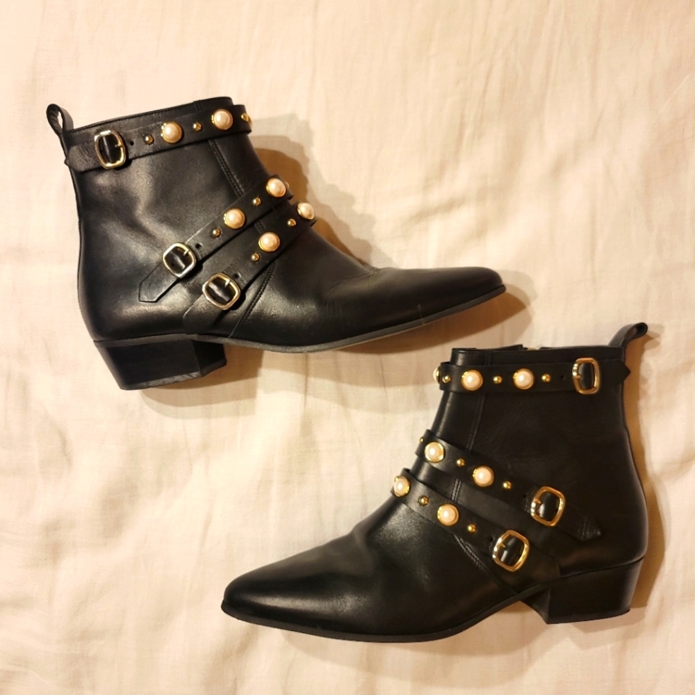 Black Leather Ankle Boots with Pearl Accents
